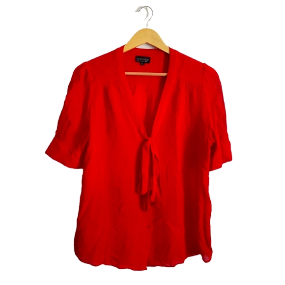 Topshop Tops - Topshop Red Sheer Puff Sleeve SS Button Up Top Size 6
